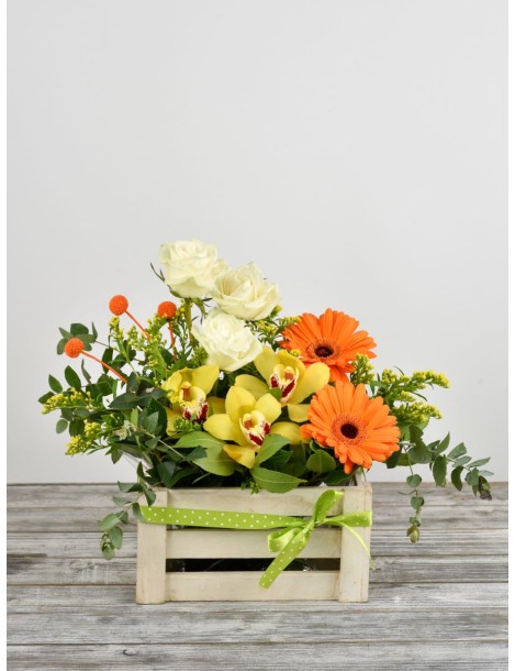Flowers in wooden basket