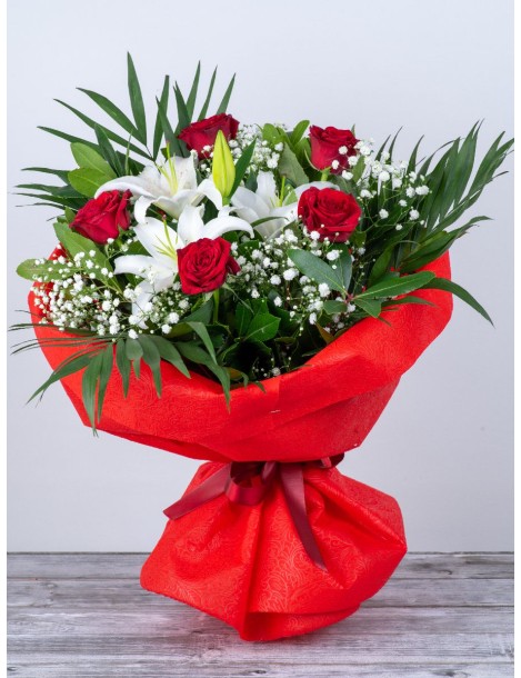WHITE LILLY-RED ROSES BOUQUET