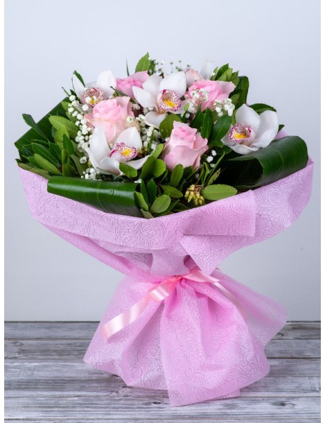 ORCHIDS - PINK ROSES BOUQUET